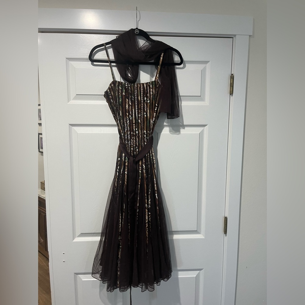 Elegant Black and Brown Midi Dress with matching tulle scarf